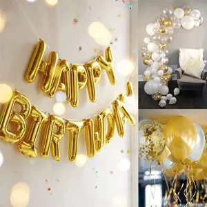 Birthday party balloon decoration set with gold foil letter balloons, arch kits and confetti balloons.