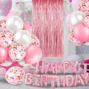 Rose gold birthday party decoration set including pink white balloons and foil letter balloons.