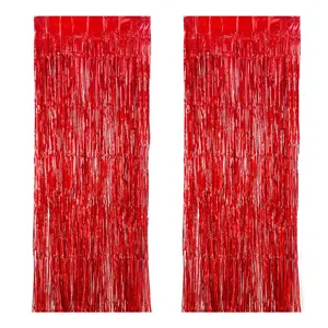 Red foil fringe curtains for party background decor, metallic tinsel door curtains 2m.