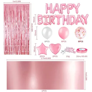 Rose gold birthday party decoration set with fringe curtain, foil letter balloons, and balloons.