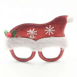 Christmas Santa hat glasses party prop with sparkly red finish and fluffy white trim detail.