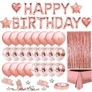 Rose gold birthday party decoration set details, including foil balloons, curtain and table cloth.
