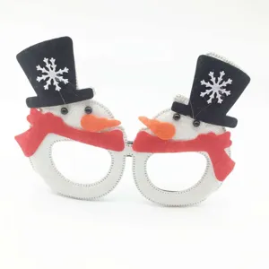 Snowman Christmas party glasses detail view, festive felt holiday costume eyewear accessory.