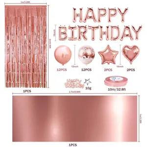 Rose gold birthday party decoration set details, including fringe curtain, letter balloons and balloons.
