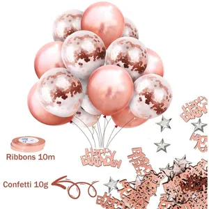 Rose gold birthday balloon set with confetti balloons, ribbons, and party decorations for celebration.