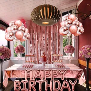 Roségold Geburtstag Party Dekoration Set mit Fransen Vorhang Folienballons und Tischdecke.