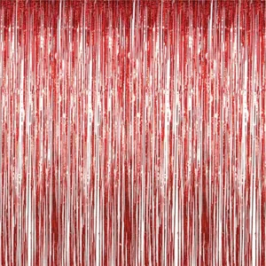 Red tinsel fringe curtain metallic foil fringe backdrop for party decorations 1x2m.