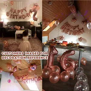 Rose gold birthday balloon set decoration details showing happy birthday foil balloons.