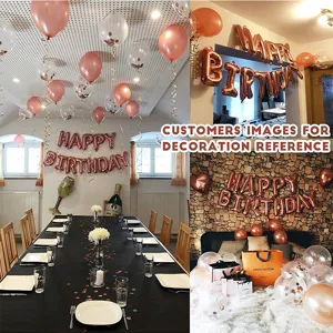 Rose gold birthday party balloon set with foil letter balloons, fringe curtain and table cloth.