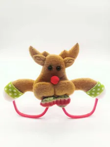 Close-up detail of a cute felt reindeer Christmas glasses accessory with red nose.
