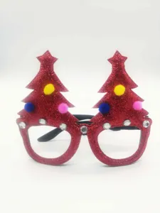 Christmas tree novelty glasses detail, red glitter festive party costume eyewear item