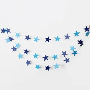 Blue star paper garland, 4M length with 33 stars, perfect for wedding and party background decor.