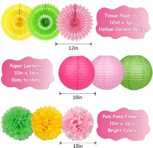 Colorful paper fans lanterns and pom poms set for summer beach party and festival decor.