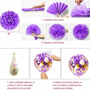 Purple birthday party decoration set including tissue pom poms and confetti balloons for girls.