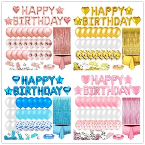 Rose Gold Tinsel Birthday Balloon Set Aluminum Foil Birthday Letter Balloon Tinsel Curtain Tablecloth Set Party Decoration