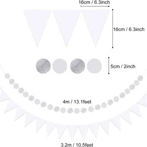 White paper pennant and circle dot garland set for party decoration with clear sizing specs.