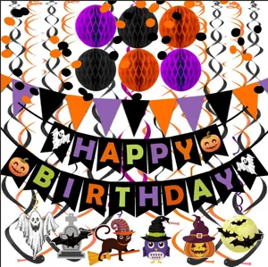 Halloween Birthday Party Decoration Banner Set Paper Honeycomb Balls Hanging Swirls Spooky Event Supplies