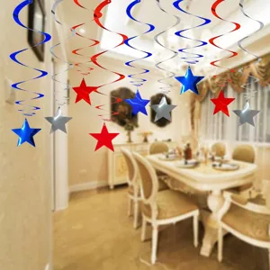 Red white blue star hanging swirls decorations for 4th of July party celebration events.