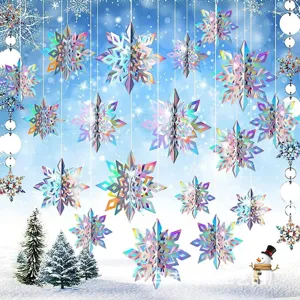 Decorazioni sospese a fiocco di neve 3D olografiche per feste di Natale e inverno.