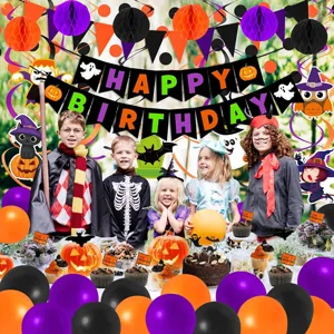 Halloween birthday party decoration set with black orange purple banners and balloons.