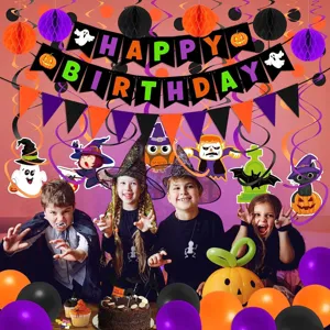 Halloween birthday party decoration set with banners, balloons and hanging swirls for kids
