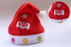 Detail view of the red non-woven Christmas hat with cute 3D snowman and colorful snowflake decor.