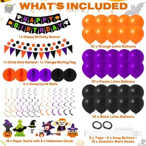 Halloween birthday party decoration set with black orange purple balloons banner and hanging swirls