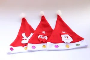 Details of cute Christmas hats with cartoon reindeer snowman and Santa designs for holiday party.