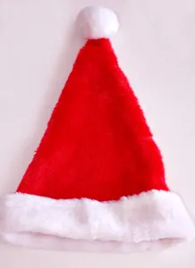 Classic red plush Santa hat with white fluffy trim and pompom, perfect for holiday party props.
