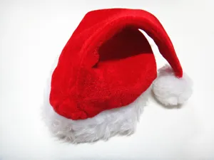 Classic red and white Santa hat detail, soft plush fabric trim for holiday party celebrations.