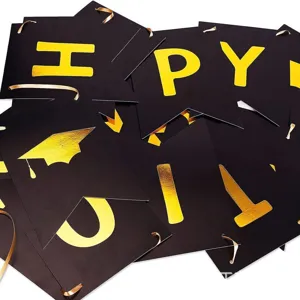 Black and gold graduation banner flags set, perfect for graduation party decoration and celebration.