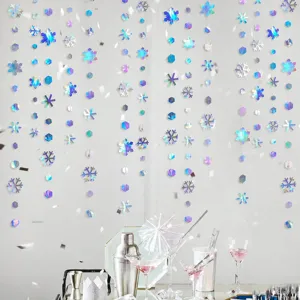 Iridescent snowflake hanging garland for party decor, shimmering backdrop decoration details.