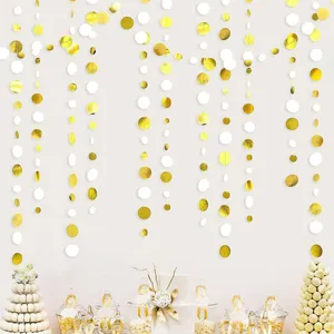 Gold and white dot paper garland hanging decorations for birthday party, wedding and celebration events background wall decor.
