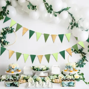 Green and gold glitter pennant banner for wedding birthday party hanging decorations.