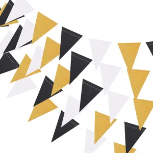 Black white and gold glitter triangle bunting garland for graduation party decoration 3m