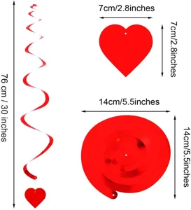 Valentine's Day red hanging swirl decorations with heart pendants and spiral streamers.