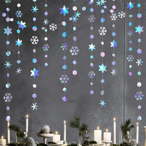 Iridescent Paper Snowflake Garland Laser Holographic Hanging Decoration For Christmas Valentine Wedding Party