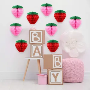 Hanging strawberry honeycomb paper balls party decorations for birthday baby shower events.
