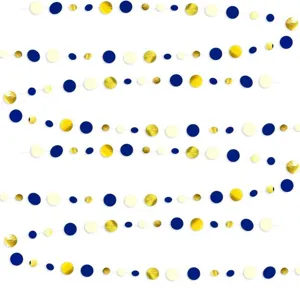 Blue and gold paper dot garland for birthday party background decoration, hanging decor.