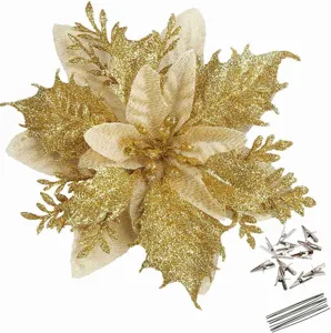 Christmas gold glitter poinsettia flower set with clips and stems for holiday decor tree