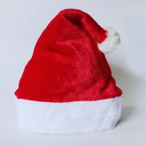 Plush Santa Claus hat with white plush trim and pom-pom for holiday party costume props.