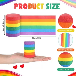 Image détaillée de rouleau de papier crêpon arc-en-ciel montrant largeur et longueur de 10m.