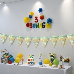 Birthday party pennant banner with 18 printed design and warm fairy lights for celebrations.