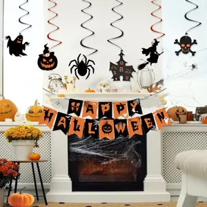 Halloween party decoration set including hanging swirls and banner for holiday celebration.