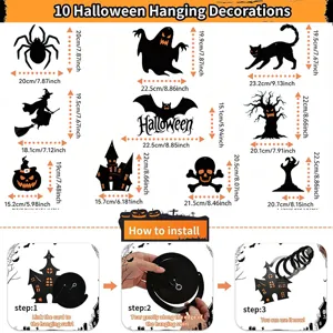 10 pieces Halloween hanging decorations set with spooky silhouettes, sizes and guide.