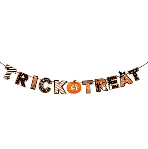 Halloween party banner detail showing TRICK or TREAT letters with cute pumpkin and spooky webs.
