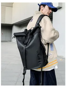 Korean fashion black roll top backpack large capacity casual commuter travel bag for men and women