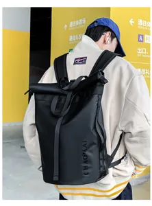 Stylish black rolltop backpack for men and women, large capacity, casual commuter travel bag.