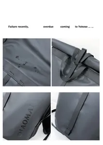 Close-up detail of the waterproof gray backpack showing durable fabric, straps, and buckle.