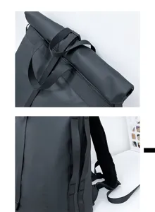 Detail view of large capacity waterproof rolltop backpack for men and women, outdoor commute bag.